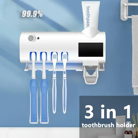 1pc Smart UV Disinfecting Toothbrush Holder with Solar Panel, Wall-Mounted 4-Slot Toothbrush Sanitizer and Squeegee Toothpaste Dispenser, Automatic Power-Off, Bathroom Accessory, No-Drill Installation, USB Rechargeable Lithiu
