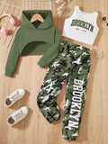 Girls' 3pcs Trendy Outfit Set: Hooded Crop Top, Letter Print Vest &amp; Camo Joggers - Machine Washable Polyester Blend for Fall/Winter, Perfect for Outdoor