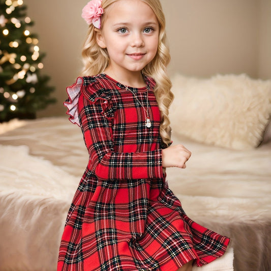 Vestido navideño informal de punto a cuadros otoñal con mangas de hojas para mamá y mi niña, ideal para Navidad.