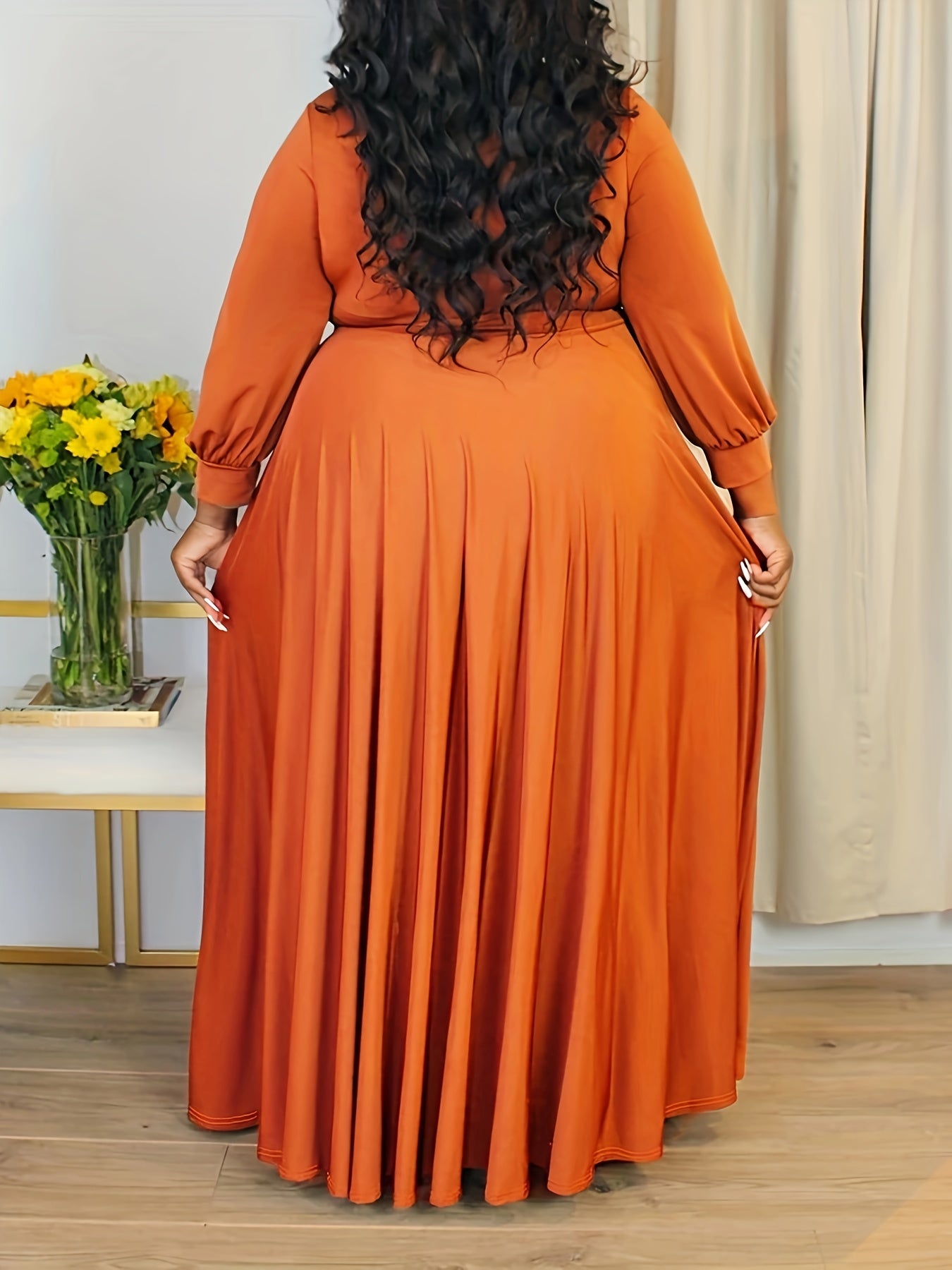 Plus Size Solid Color Tie Waist Dress, Elegant Long Sleeve Surplice Neck Maxi Dress For Spring & Fall, Women's Plus Size Clothing