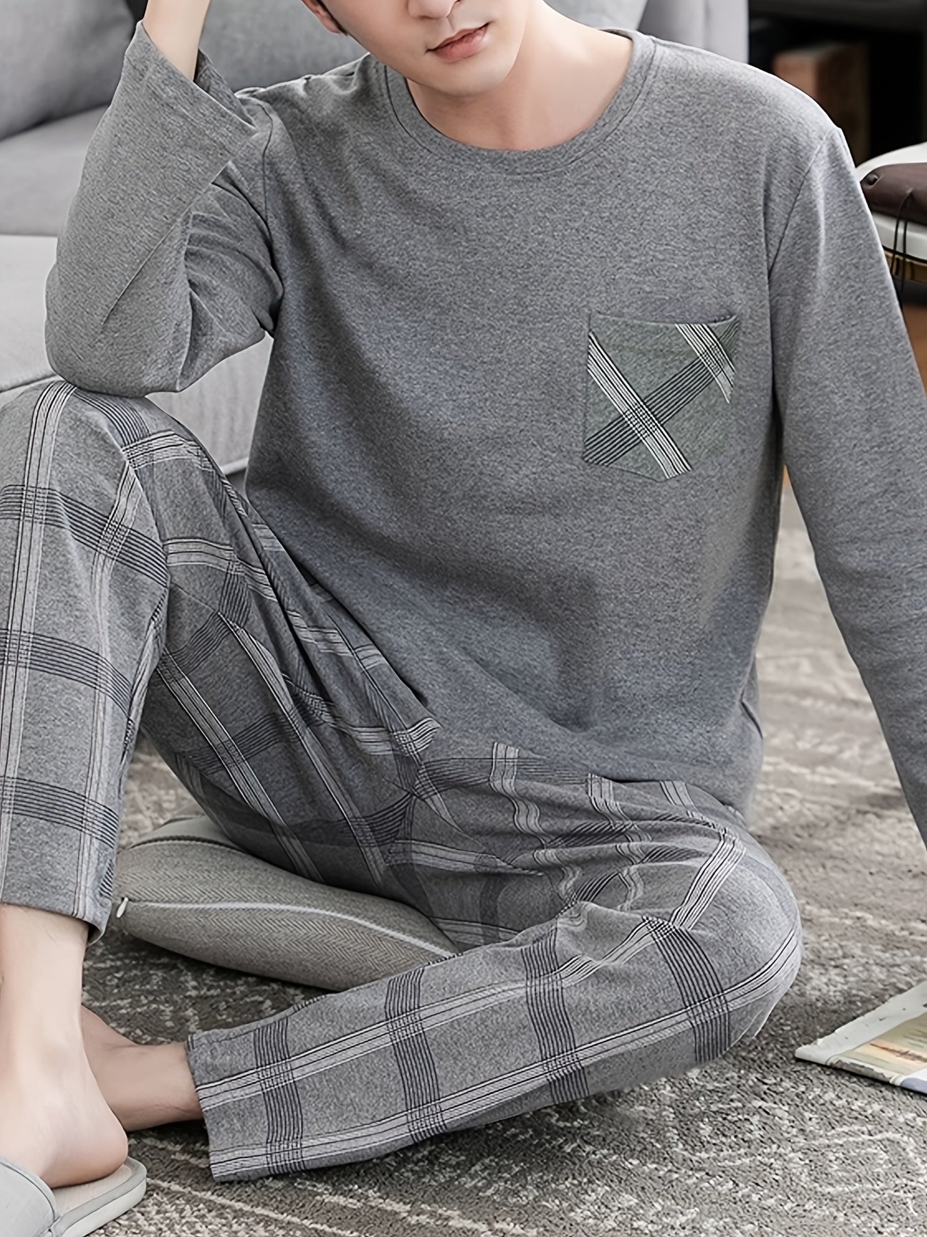 Men's Cozy Gray Long Sleeve Round Neck Top with Plaid Pants Pajama Set - Polyester, Machine Washable, Ideal for Home or Outdoor Wear