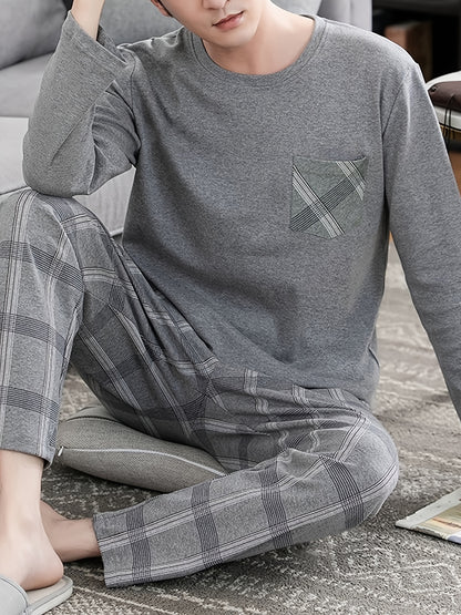 Men's Cozy Gray Long Sleeve Round Neck Top with Plaid Pants Pajama Set - Polyester, Machine Washable, Ideal for Home or Outdoor Wear