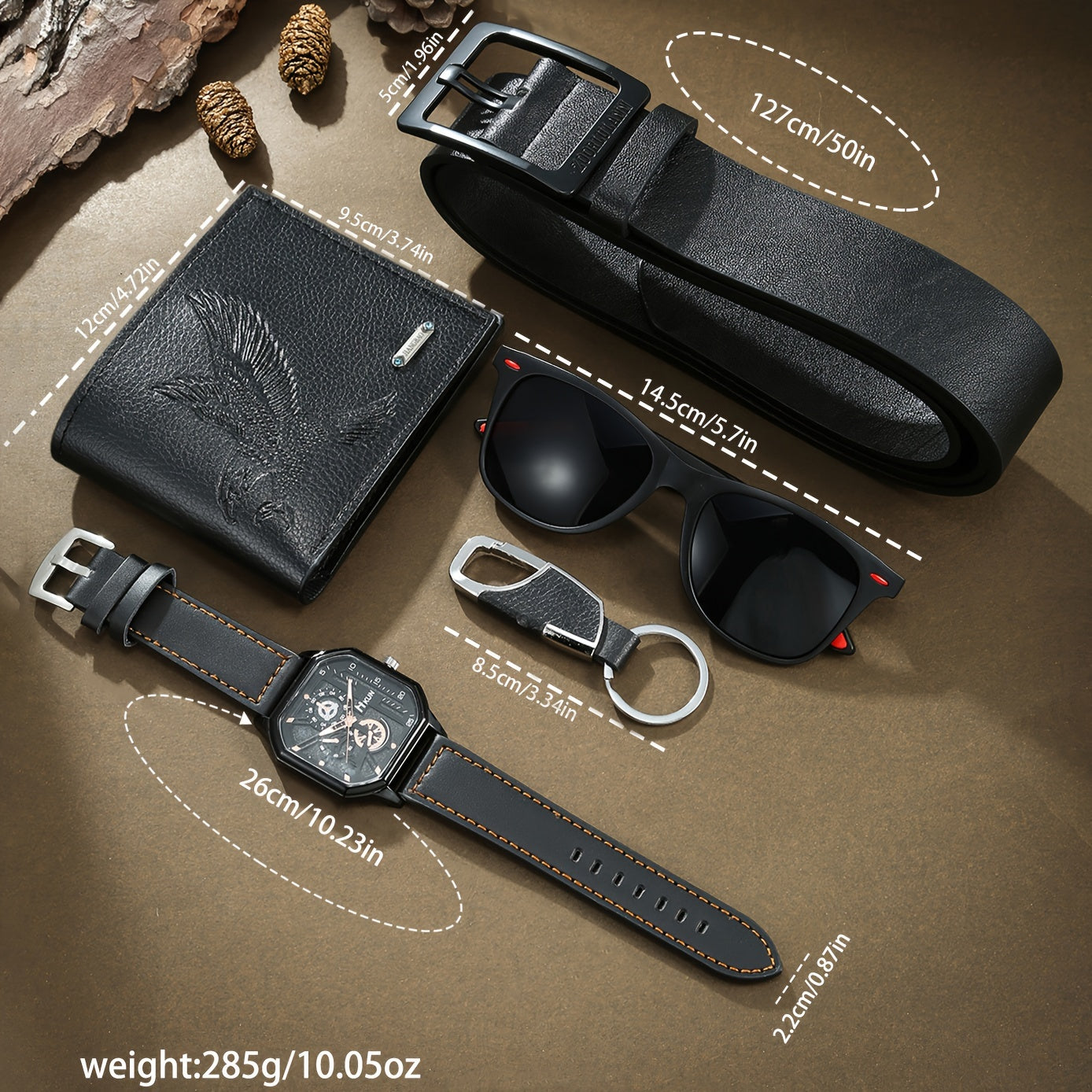 Men's Casual 5-Piece Gift Set with Quartz Watch, Leather Belt, Wallet, Glasses & Keychain Accessory Box - PU Panel, Alloy Buckle, Square Button - Perfect for Holidays & Business Travel