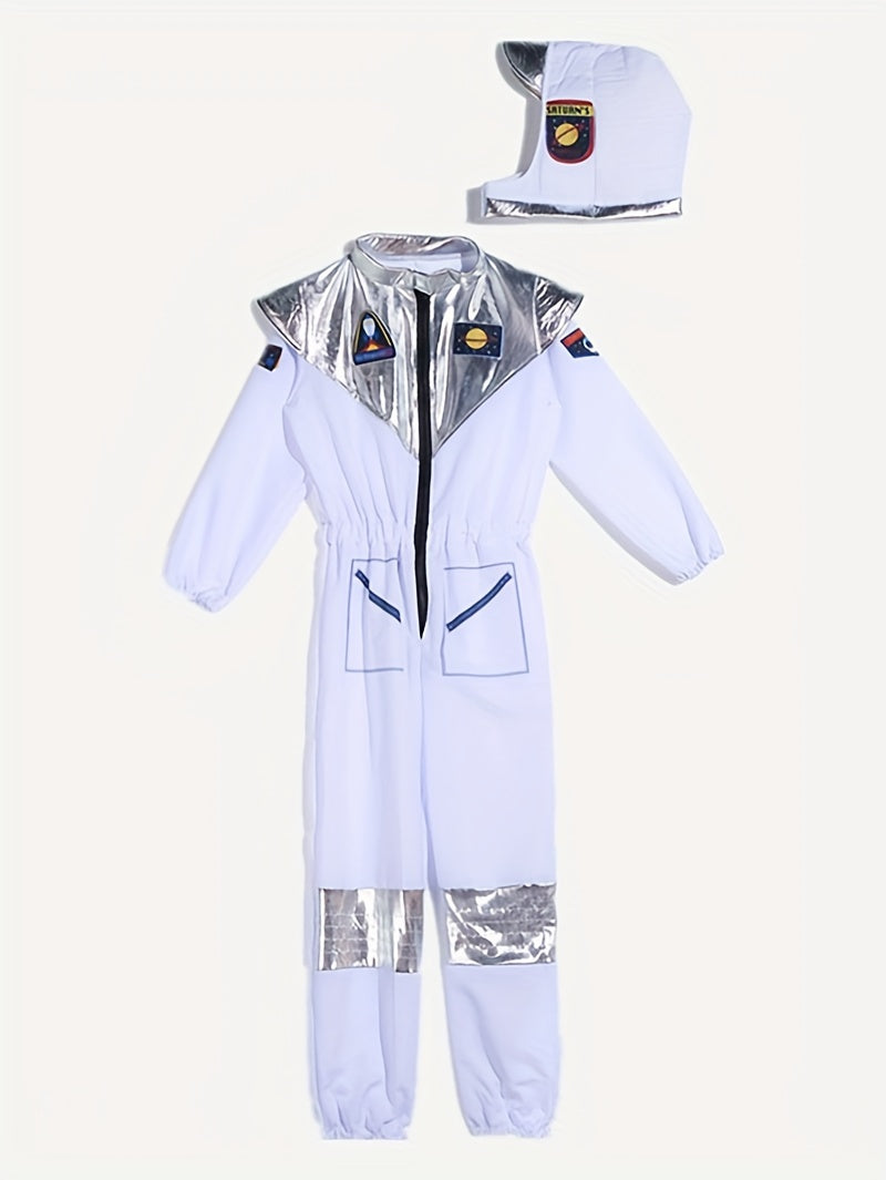 Boy's Cartoon Astronaut Cosplay Costume, Halloween Dress Up One-piece Jumpsuit & Hat, Kid's Dress Up Outfit For Carnival Party Performance