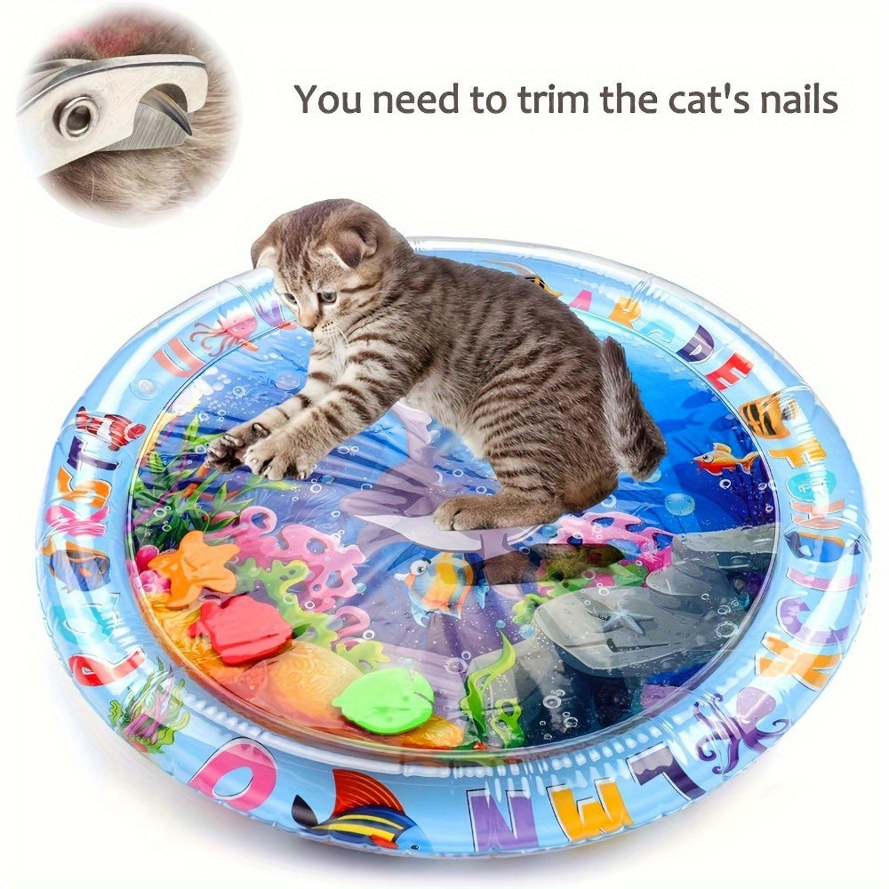 [Gentle Care] Colorful Interactive Cat Play Mat with Floating Fish - Durable, Splash-Proof PVC Water Pad, Alphabet & Marine Life Design, Ideal for Indoor Cats, Boredom Relief Kick Toy, No Batteries Required, Cat Toys