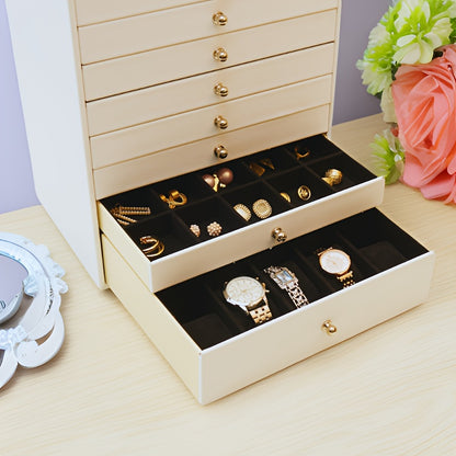 Glam Style PU Leather Jewelry Organizer Box - 10-Drawer Floor Mount Large Capacity Storage for Rings, Earrings, Necklaces, Watches - Textured Finish with Velvet Interior, Drawstring Closure - Ideal Gift for Mother's Day, Birth