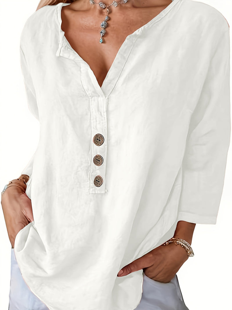 V-Neck Button-Up Top - Loose Fit Solid Color Pullover, Fashionable Casual V-Neck Shirt for Women, Relaxed Fit, Non-Stretch Cotton Linen Blouse