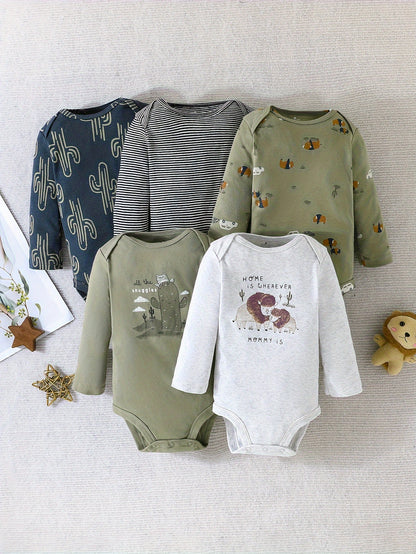 5pcs, Cactus Pattern Cotton Bodysuit For Baby Boys