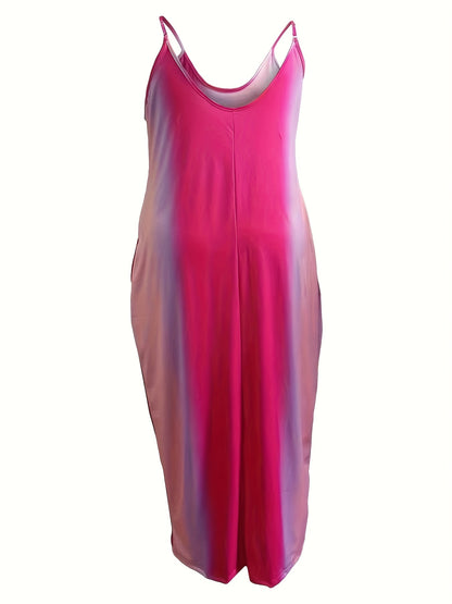 Vestido largo holgado con escote en V y efecto tie-dye, talla grande, elegante, ligeramente elástico, para mujer.