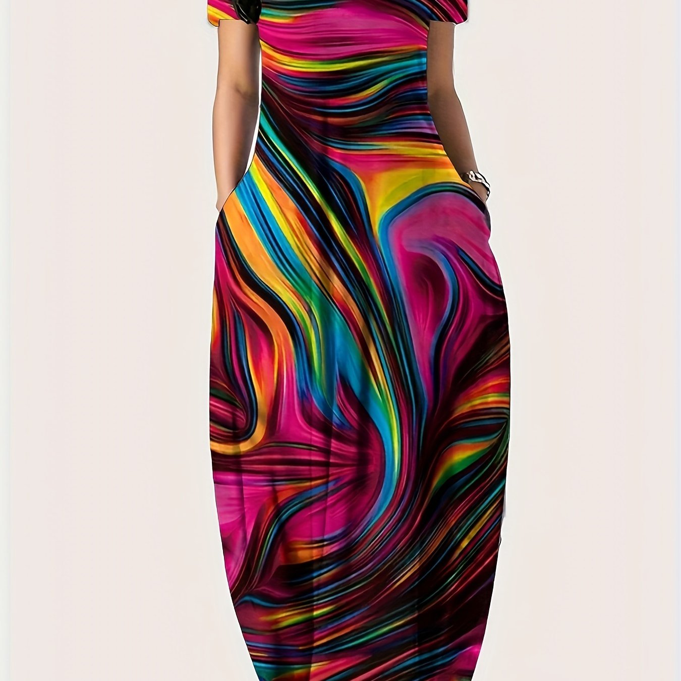 [1pc Plus Size Geometric Print Maxi Dress] 1pc Plus Size Geometric Print Maxi Dress, Stretchy Polyester Knit, Round Neck, Short Sleeve, Casual Loose Fit with Pockets, All-Season Versatile Style