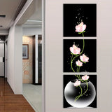3 lienzos cuadrados con flores rosas, arte de pared para sala de estar, entrada, decoración del hogar, sin marco.