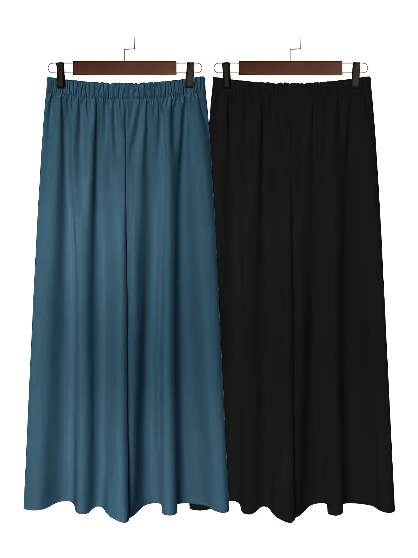 Plus Size - 2pcs Plus Size Wide-Leg Culottes - Casual High-Waist Pants with Elastic Waistband, Non-Stretch Fabric, Solid Color, Relaxed Fit for Spring/Summer/Fall, Casual Attire|Elastic Waistband Pants|Nonstretch Fabric