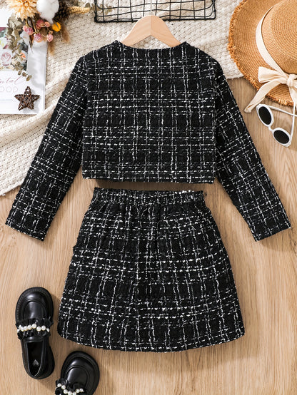 [2pcs] Elegant Tweed Knit Crew Neck Plaid Jacket + Skirt Set Girls Outdoor Outfit, Suitable For Spring Fall