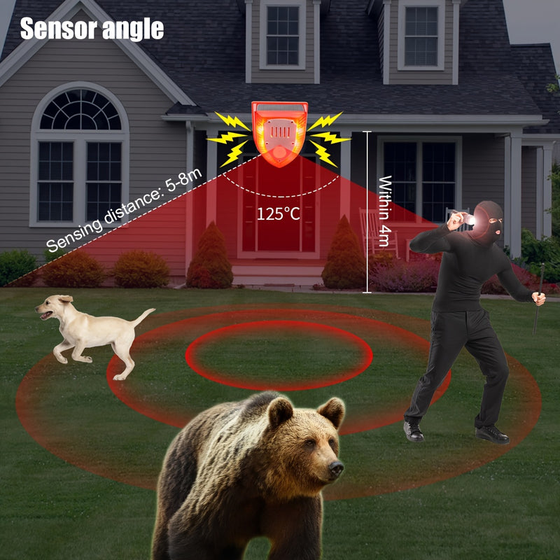 Alarma de seguridad solar para exteriores de 129 dB con sonido de perro ladrando y disparos, luz estroboscópica de advertencia para casa y jardín.