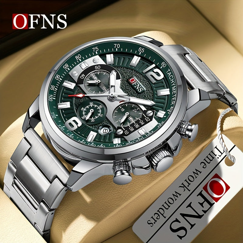 Reloj de moda popular OFNS para hombre, cronógrafo, resistente al agua hasta 50 metros, con calendario y luz nocturna, regalo para las fiestas.