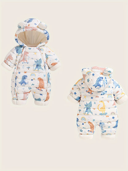 Cozy Fleece-Lined Kids' Onesie with Cute Ears & Cartoon Print - Zip-Up Long Sleeve Snowsuit for Outdoor Warmth, Easy Care, Perfect Christmas Gift for Newborns, Perfect for Outdoor