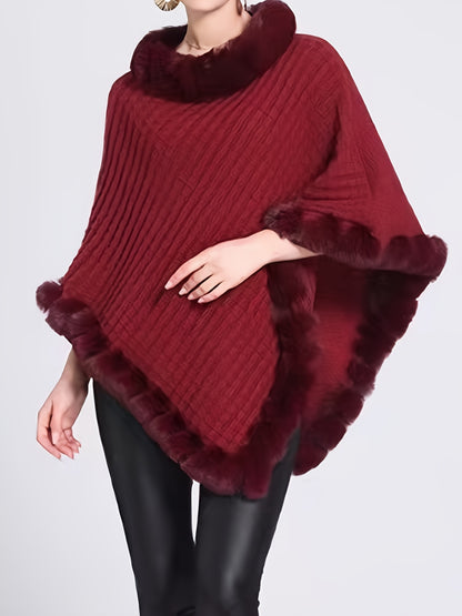 Women's Elegant Cream-Colored Knit Sweater with Faux Fur Trim - High Neck, Batwing Sleeves, Cozy Autumn/Winter Pullover Shawl Cape, Autumn Wardrobe Accessory|High Neck Pullover|Plush Lining
