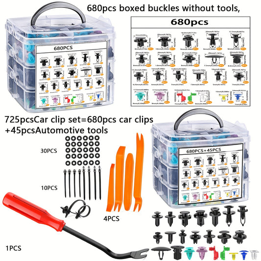 680pcs Car Bumper Clip Set, 725pcs Automotive Tool Kit, PP Material, Car Accessories, Fender Clips, Push Fixture, Rivet Clips, Car Repair Tools, for Vehicle Assembly, Durable Car External Accessories