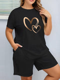 2pcs Women's Plus Size Casual Outfit - Heart Print Short Sleeve T-Shirt & Pocketed Shorts, Stretchy Waistband, Crew Neck, Soft Fabric, Perfect for Spring/Summer