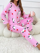 [Home Relaxation] Cozy & Warm Women's Fleece Pajama Set in Green with White Cartoon Rabbit Pattern - Soft Polyester, Anti-Static, Machine Washable - Elegant Home Loungewear with Round Neck Top & Pants for Fall/Winter, Plus Si