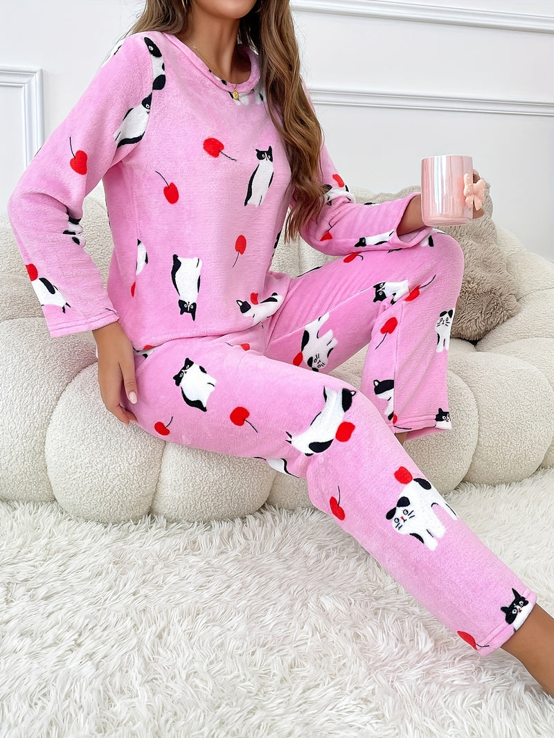 [Home Relaxation] Cozy & Warm Women's Fleece Pajama Set in Green with White Cartoon Rabbit Pattern - Soft Polyester, Anti-Static, Machine Washable - Elegant Home Loungewear with Round Neck Top & Pants for Fall/Winter, Plus Si