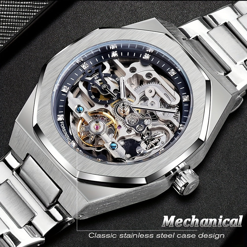Reloj mecánico automático para hombre: esqueleto de diamantes de imitación 3D, acero inoxidable, estilo deportivo y profesional, regalo perfecto.