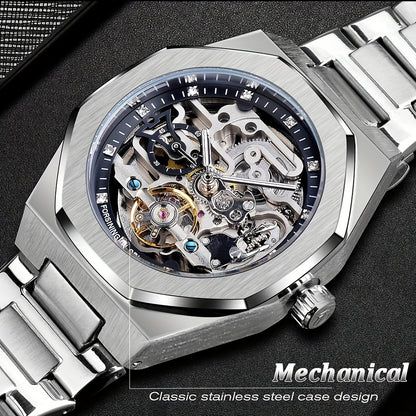 Reloj mecánico automático para hombre: esqueleto de diamantes de imitación 3D, acero inoxidable, estilo deportivo y profesional, regalo perfecto.