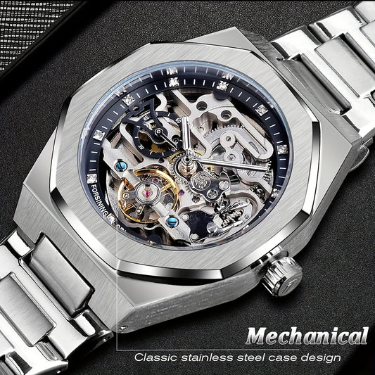 Reloj mecánico automático para hombre: esqueleto de diamantes de imitación 3D, acero inoxidable, estilo deportivo y profesional, regalo perfecto.