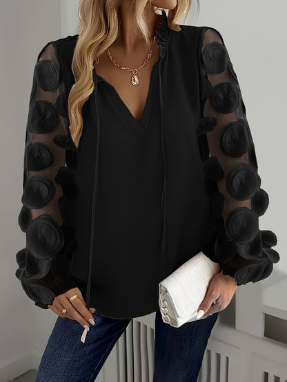 Plus Size Women'S Elegant White Blouse with Floral Mesh Sleeves - Long Sleeve, Notched Collar, Oversized Fit, Perfect for Night Outs, Casual to Formal Attire, Plus Size Blouse | Floral Pattern Top | Mesh Fabric Detail, Plus S