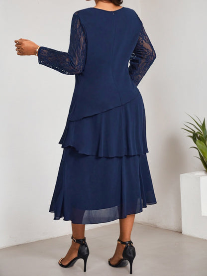 Vestido midi elegante de talla grande, poliéster, cuello redondo, manga larga, corte entallado y acampanado, con detalle de encaje en contraste, para primavera/otoño.
