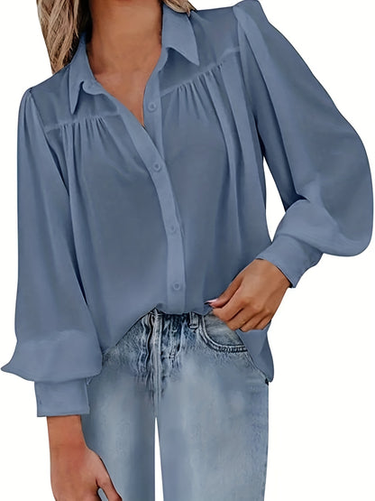 Plus Size Basic Blouse, Women's Plus Solid Button Up Lantern Sleeve Turn Down Collar Slight Stretch Blouse