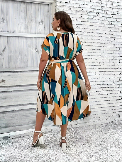 Vestido con estampado tropical y mangas murciélago, talla grande, escote en V, cintura con cinturón, poliéster ligero, lavable a máquina, ideal para vacaciones de verano. Vestidos de verano de talla grande.