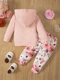 Conjunto de 2 piezas para bebé niña, informal, bonito, de algodón, para exteriores: sudadera de manga larga con estampado de letras y pantalones florales, ideal para exteriores.