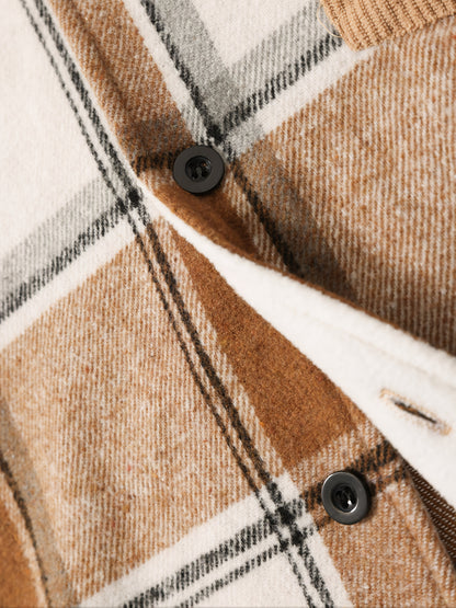 1pc Men'S Casual Plaid Fleece Jacket, Thickened Outerwear with Button Closure, Polyester Fabric, Non-Stretch, Regular Fit, Autumn/Winter Season, Solid Color Pocket Detail