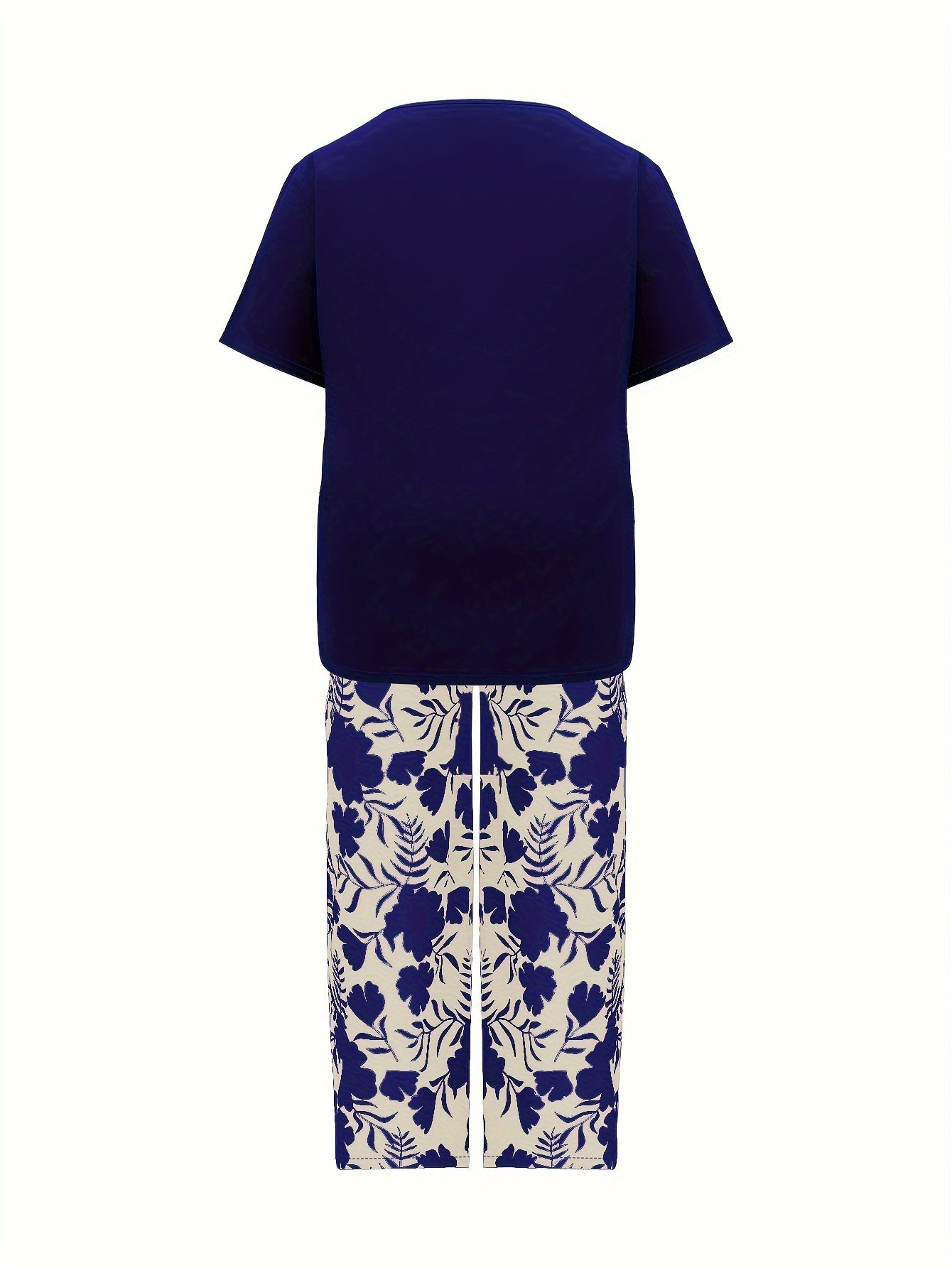 Plus Size Elegant Two-piece Set, Solid Crew Neck Short Sleeve Top & Floral Print Pants Outfits, Women's Plus Size Clothing