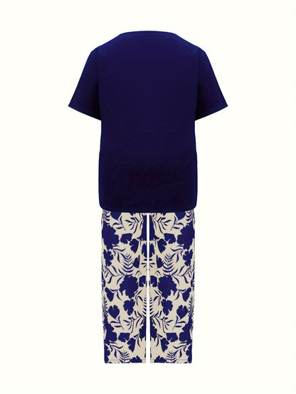 Plus Size Elegant Two-piece Set, Solid Crew Neck Short Sleeve Top & Floral Print Pants Outfits, Women's Plus Size Clothing