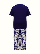 Plus Size Elegant Two-piece Set, Solid Crew Neck Short Sleeve Top & Floral Print Pants Outfits, Women's Plus Size Clothing