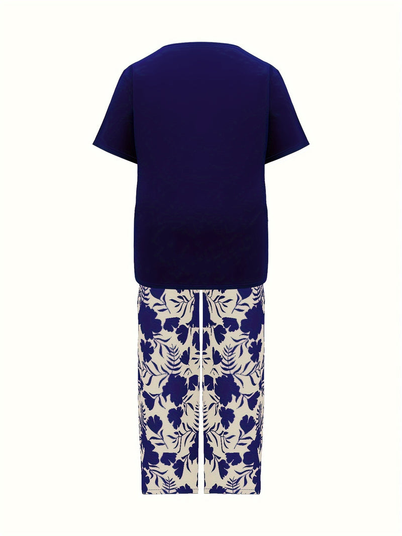 Plus Size Elegant Two-piece Set, Solid Crew Neck Short Sleeve Top & Floral Print Pants Outfits, Women's Plus Size Clothing
