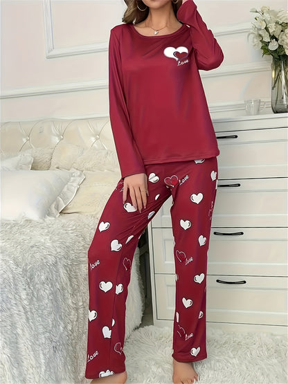 Cozy & Cute Women's Heart Pattern Pajama Set in Dark Gray - Long Sleeve & Pants, Round Neck, Soft Polyester Blend, Machine Washable Sleepwear for Autumn/Winter