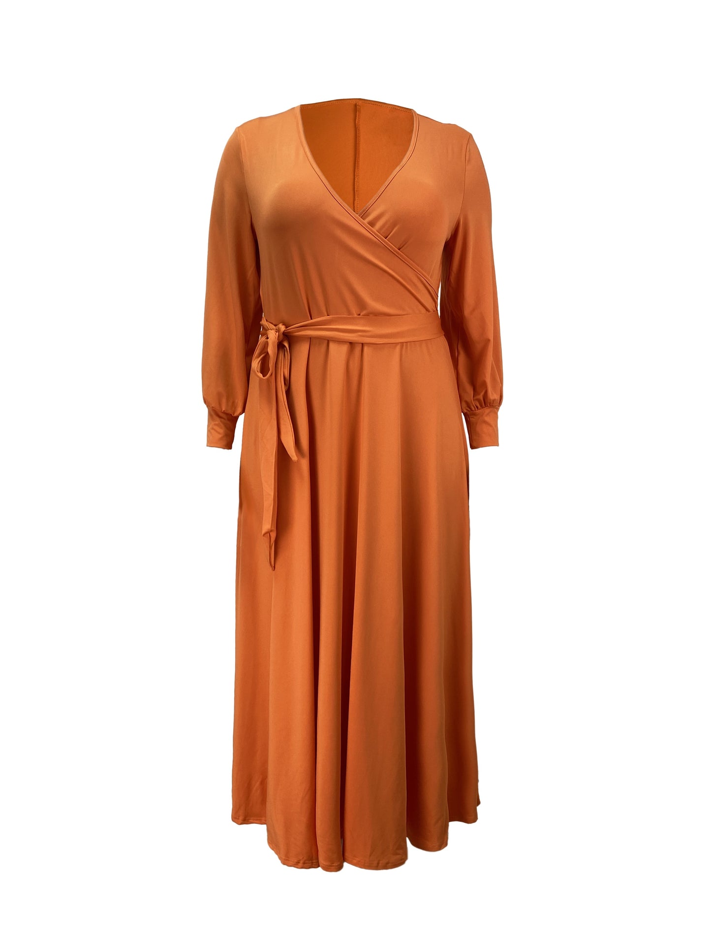 Plus Size Solid Color Tie Waist Dress, Elegant Long Sleeve Surplice Neck Maxi Dress For Spring & Fall, Women's Plus Size Clothing