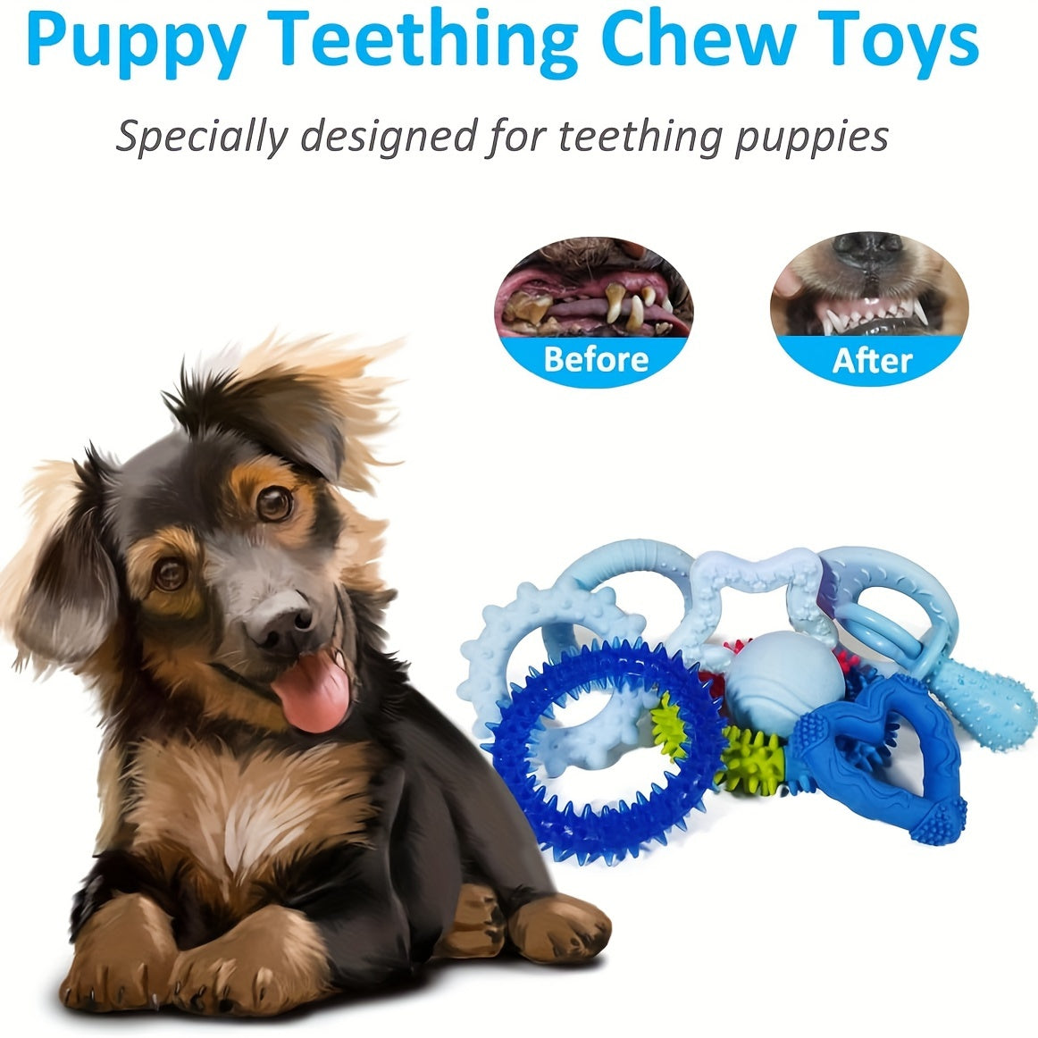 20 paquetes de juguetes masticables para cachorros: juguetes para la dentición, mordedores y cuerdas resistentes, paquete de juguetes de goma azul para perros pequeños, lindas pelotas interactivas para perros de razas pequeñas.
