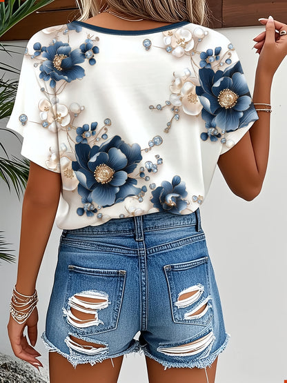 Women's Summer Top Fashion Design Simple Date Romantic Free Style Cute T-Shirt Artistic Casual Commute Vacation Style Versatile Blue Floral Print V-Neck Tee