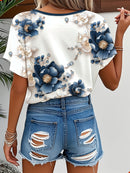 Women's Summer Top Fashion Design Simple Date Romantic Free Style Cute T-Shirt Artistic Casual Commute Vacation Style Versatile Blue Floral Print V-Neck Tee