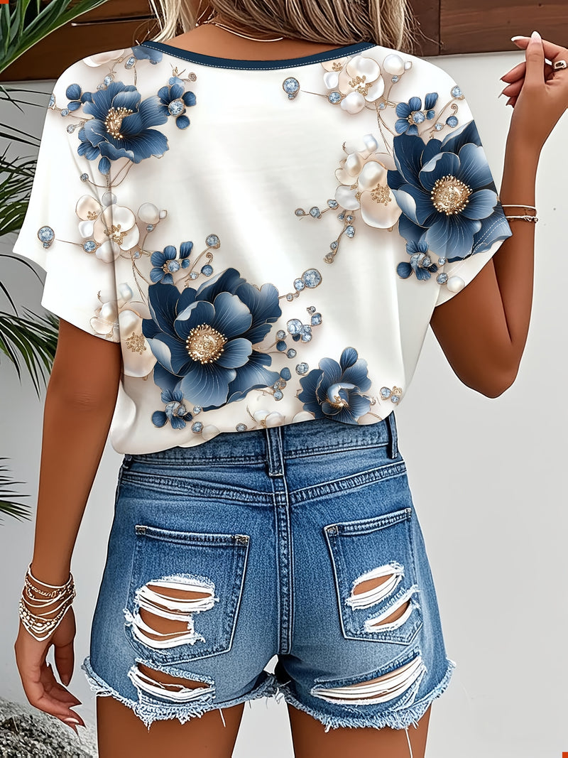 Women's Summer Top Fashion Design Simple Date Romantic Free Style Cute T-Shirt Artistic Casual Commute Vacation Style Versatile Blue Floral Print V-Neck Tee