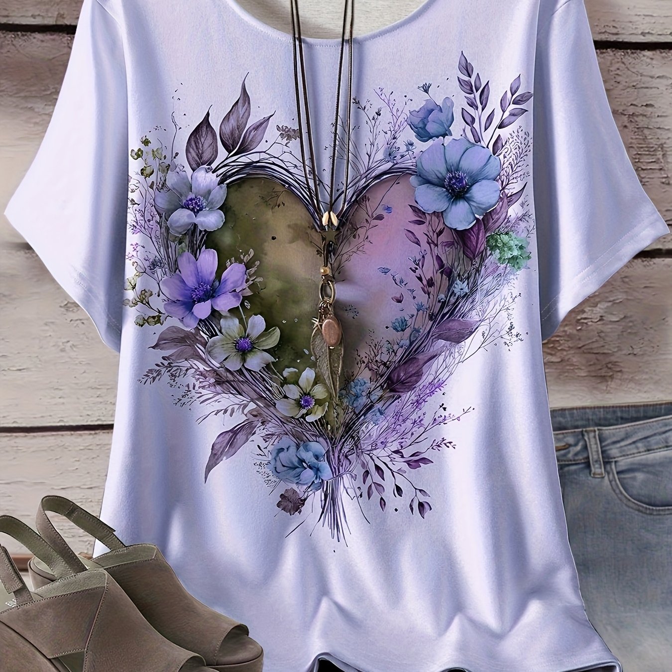 Women's Plus Size Light Blue Floral Heart All-Over Print T-Shirt - Stretchy Casual Round Neck Short Sleeve Top, Machine Washable for Casual Attire, Versatile Wardrobe Staple, Stylish Graphic Tee, Comfortable Fit, Printed Blou