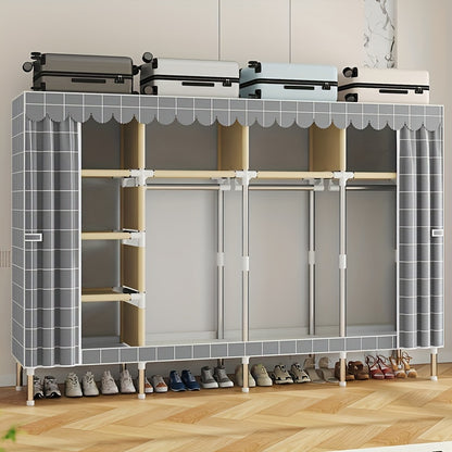 Simplified assembly of steel pipes with thickened reinforcement and 10 large capacity storage racks and 3 hanging clothes poles for storing wardrobes, easy and convenient assembly of checkered fabric cabinets
