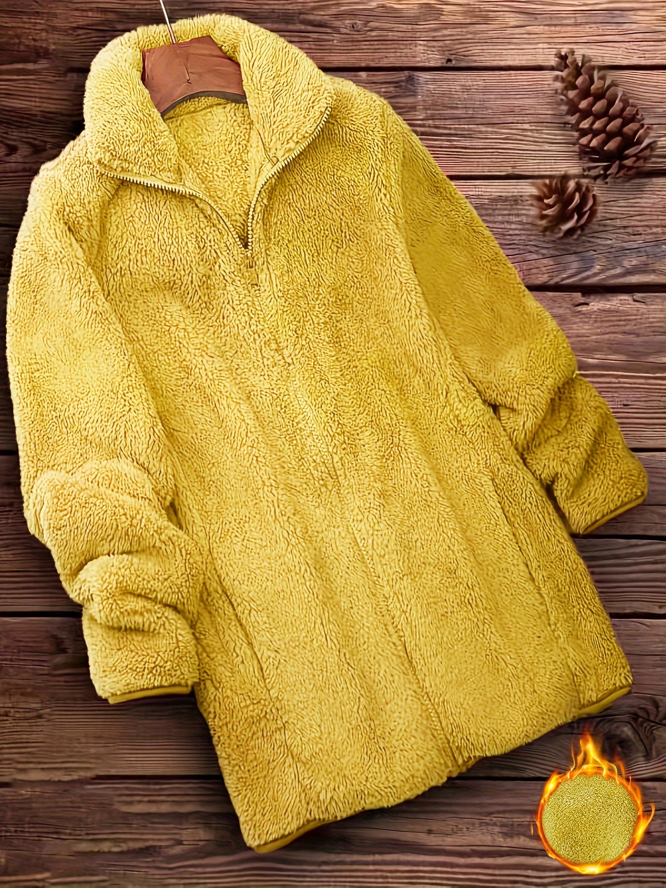 Plus Size Solid Color Fuzzy Coat, Casual Zipper Front Long Sleeve Warm Outerwear For Fall & Winter, Women's Plus Size Clothing