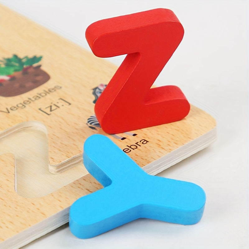 Juego de 4 juguetes educativos STEM de madera grandes: bloques de rompecabezas con alfabeto, números y formas para el aprendizaje temprano, el reconocimiento de colores y el desarrollo de habilidades para la resolución de problemas.