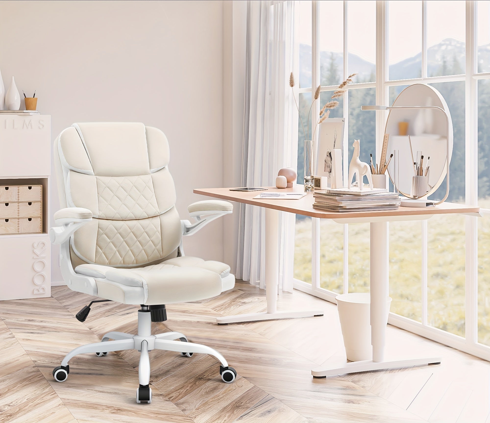 Ergonomic Beige Velvet Office Chair with Lumbar Support, Adjustable Armrests & Swivel Base - Comfortable Executive Desk Chair for Home, Study, or Bedroom