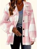 Elegant Plush Winter Jacket - Polyester and Elastane, Checkered Pattern, High Stretch Fabric, Machine Washable, Knitted Style